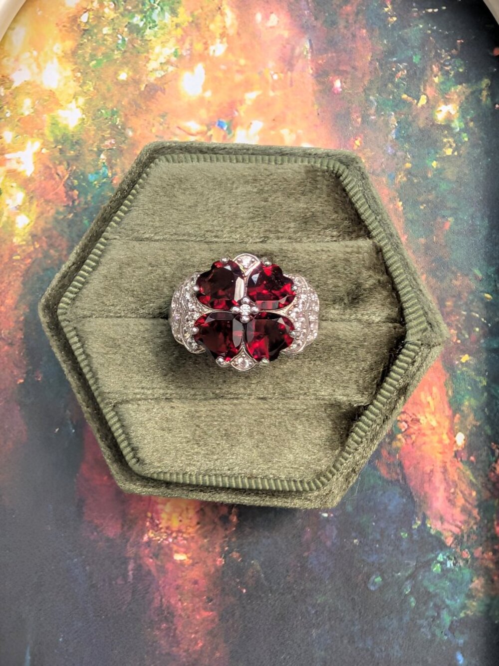 Vintage Garnet Flower & Marcasite Sterling Silver Ring, Size 8